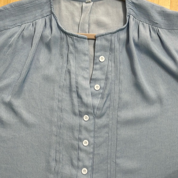 ROTITA ROLL SLEEVE Sz L BLUE WOMENS BUTTON FRONT SPLIT NECK BLOUSE PLEATED BACK - Picture 6 of 10